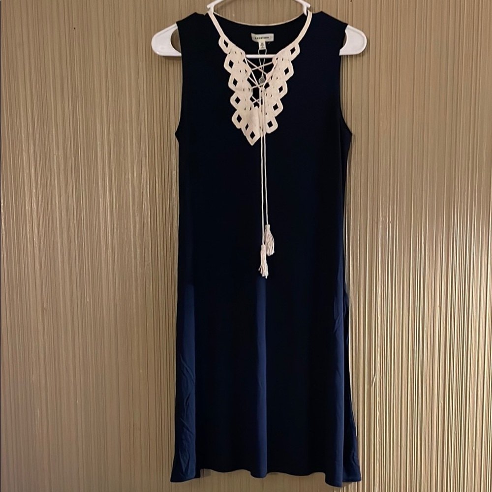 Navy Sleeveless Dress with Lace-Up Neckline